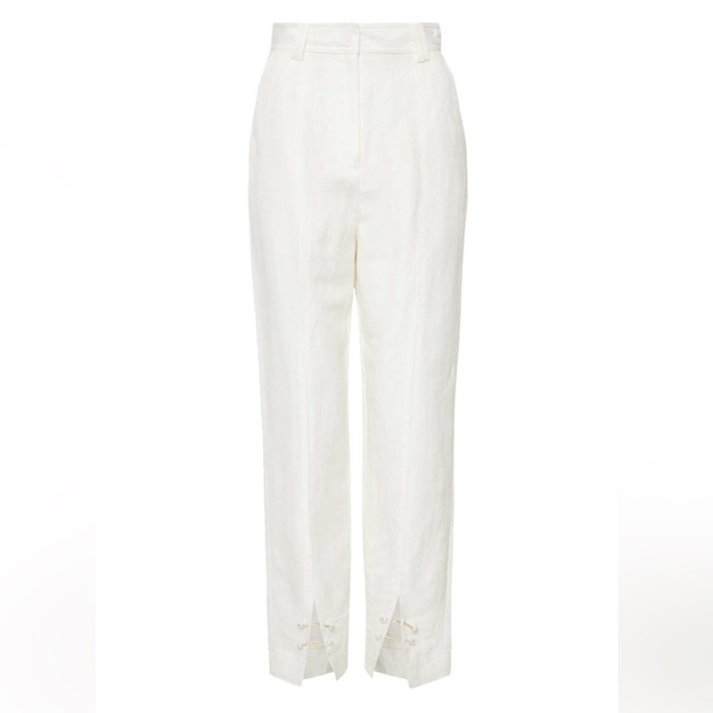 Aje White High-Rise Straight Linen Trousers with Pearl stud